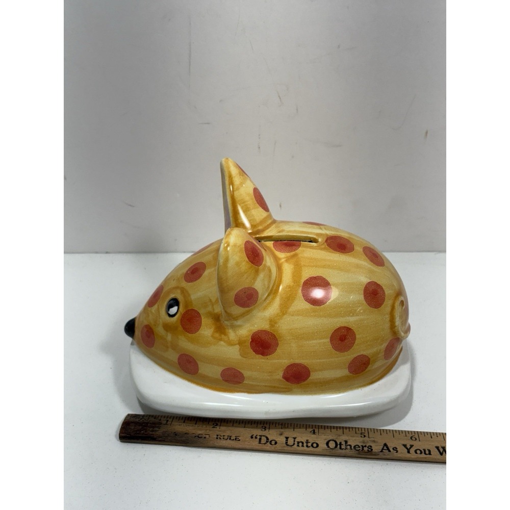 RARE VINTAGE Italy Ceramic Mice Mouse Coin Bank Piggybank Yellow Red Polka Dots - Picture 5 of 7